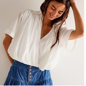 Free People White Mandarin Collar Blouse Relaxed Short Sleeve